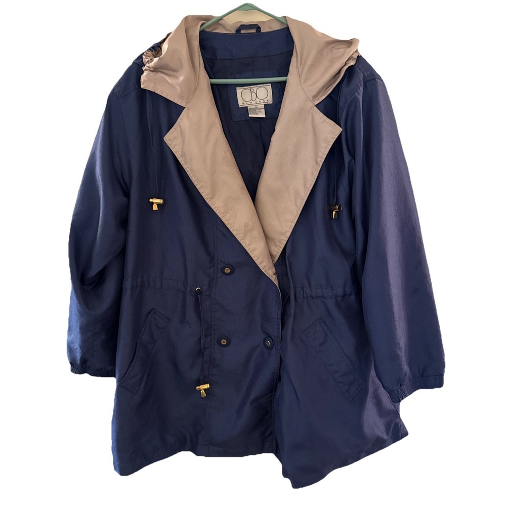 Vintage CBO Hooded Jacket Womens 1X Raincoat Blue Tan Double breasted